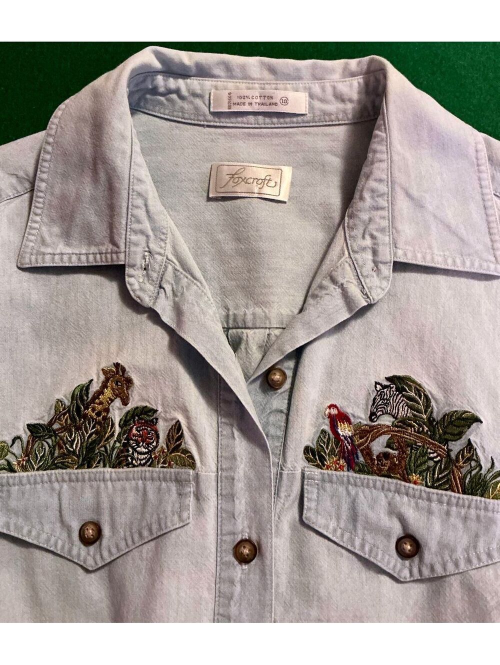 Light Denim Shirt with Embroidered Animal Pockets by Foxcroft Sz L